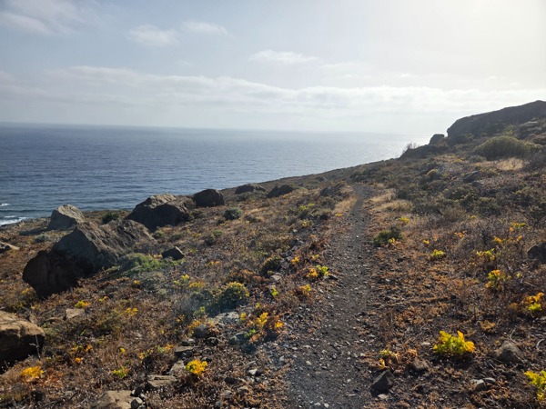 Sentiero costiero che conduce alla Playa de Las Breñas tra vegetazione bassa e pietraie a picco sull’oceano.