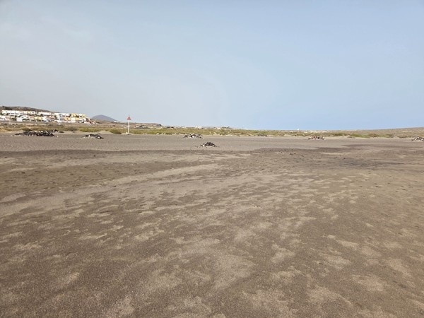 Ampia distesa di sabbia dietro la battigia con segnaletica e cumuli di pietre che delimitano le aree protette delle dune.